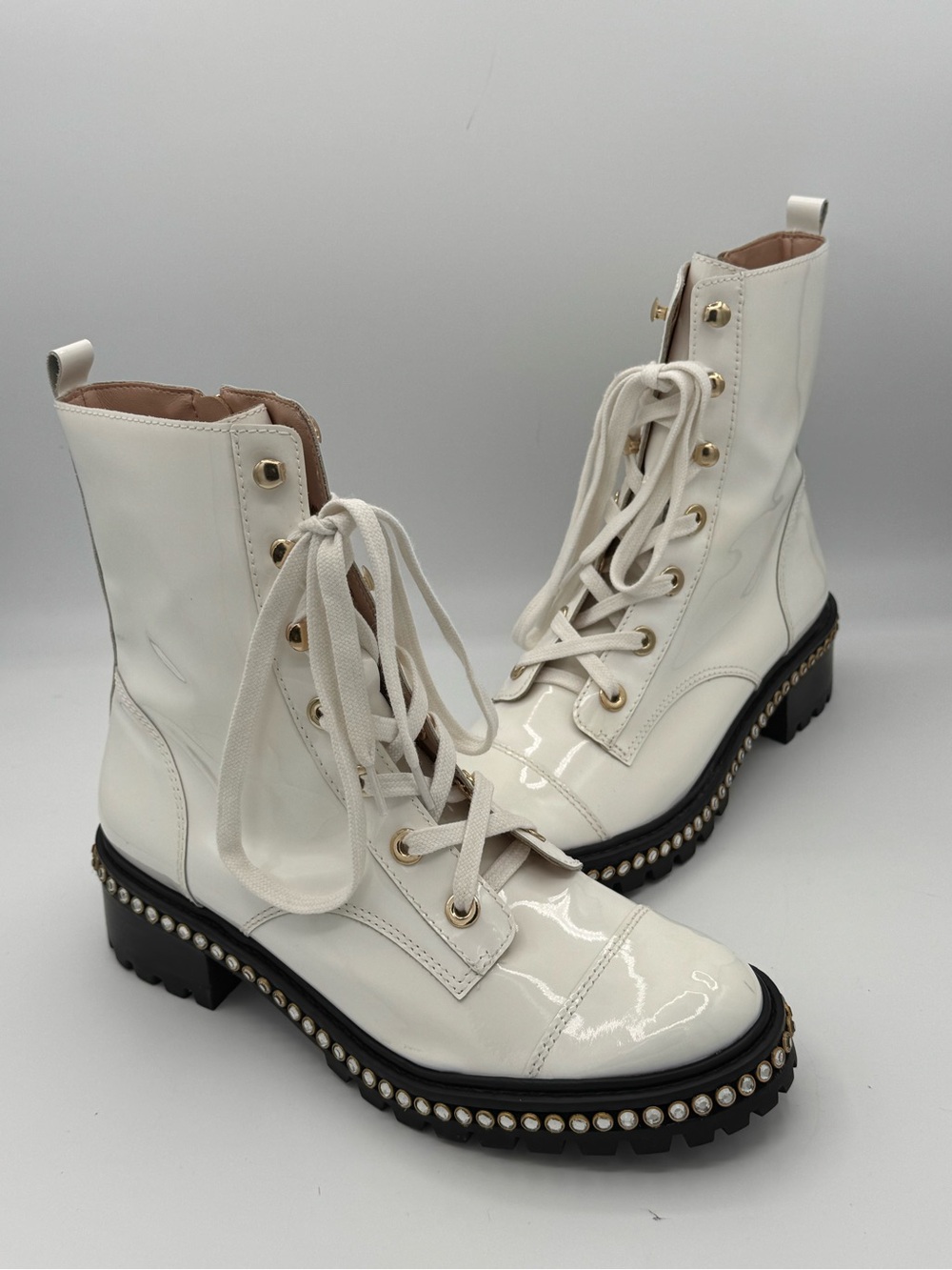Shutz Revolve Andorra Combat Boots Rhinestone Adorned Side Zip Lace Up-NEW